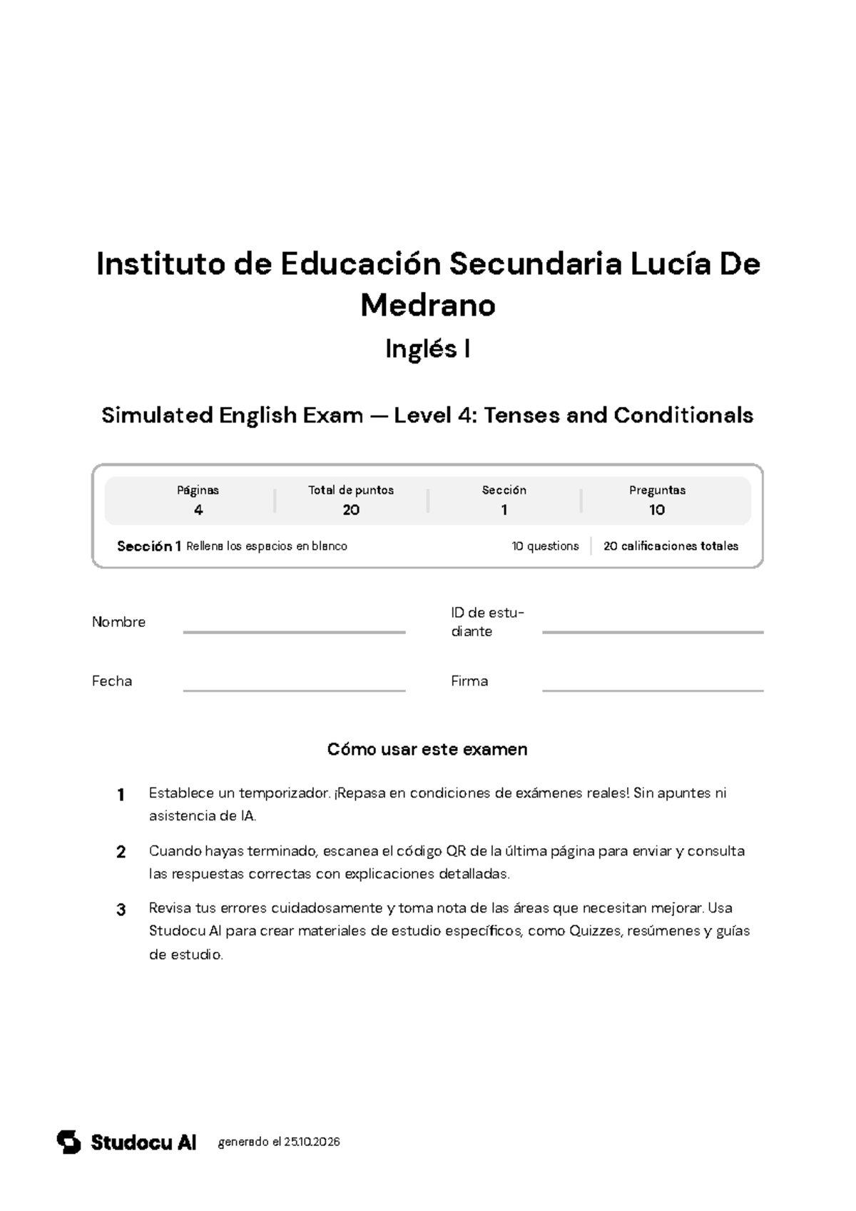 Simulated English Exam — Level 4: Tenses and Conditionals - Studocu