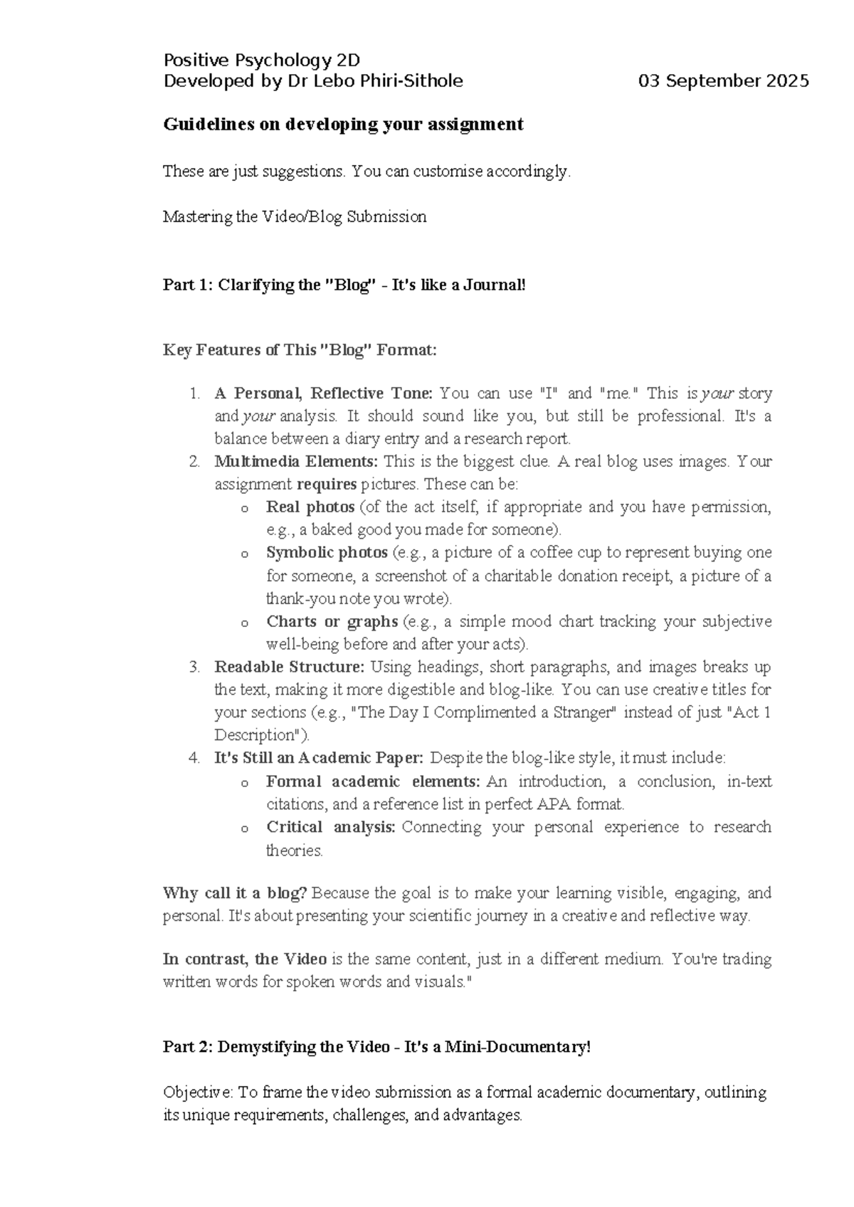 Positive Psychology 2D: Assignment 1 Guidelines by Dr. Lebo - Studocu