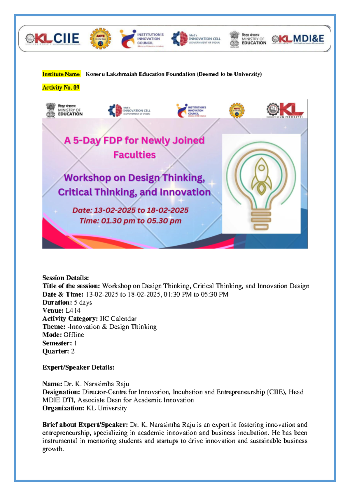 Workshop on Design Thinking & Innovation Design (Activity No. 09) - Studocu