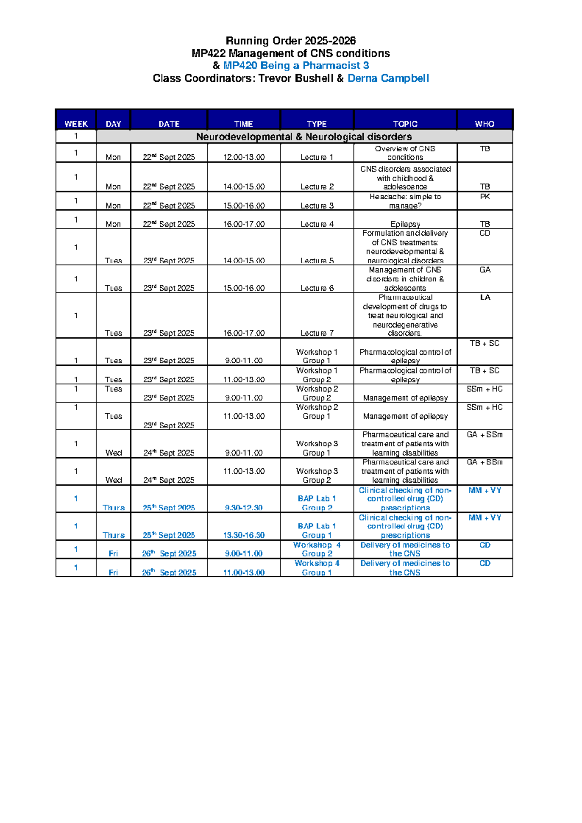 MP422 BAP3 Running Order 2025-26: CNS Management Lectures & Workshops ...