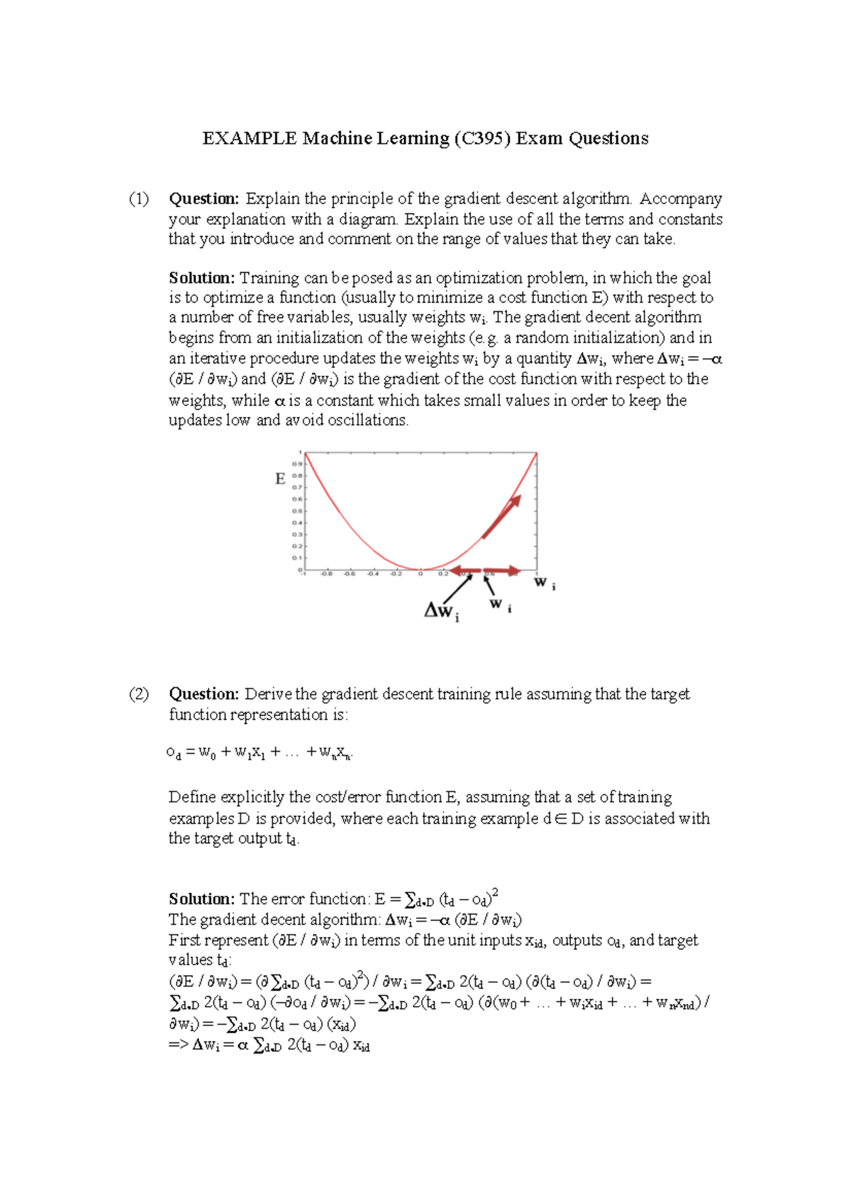 Example Machine Learning Exam Questions Example Machine Learning