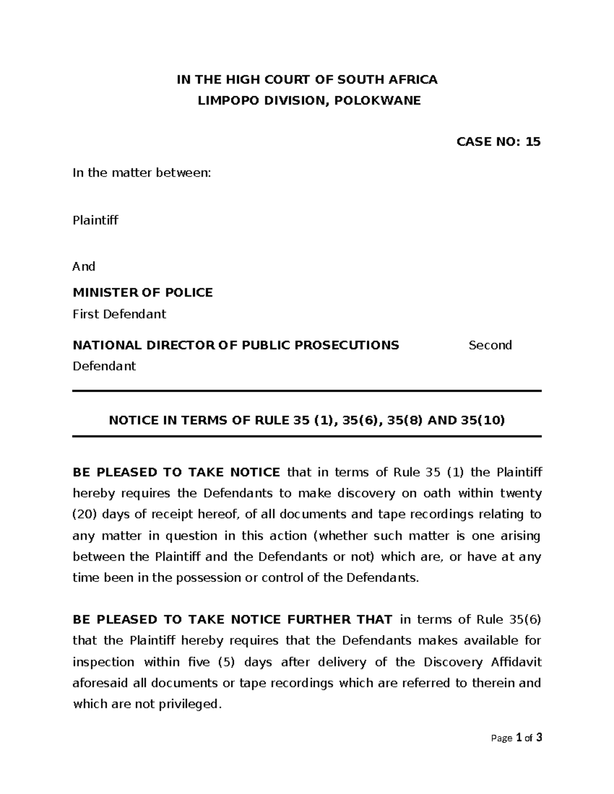 Discovery Notices in High Court Case No: 15 - Rule 35 Compliance - Studocu