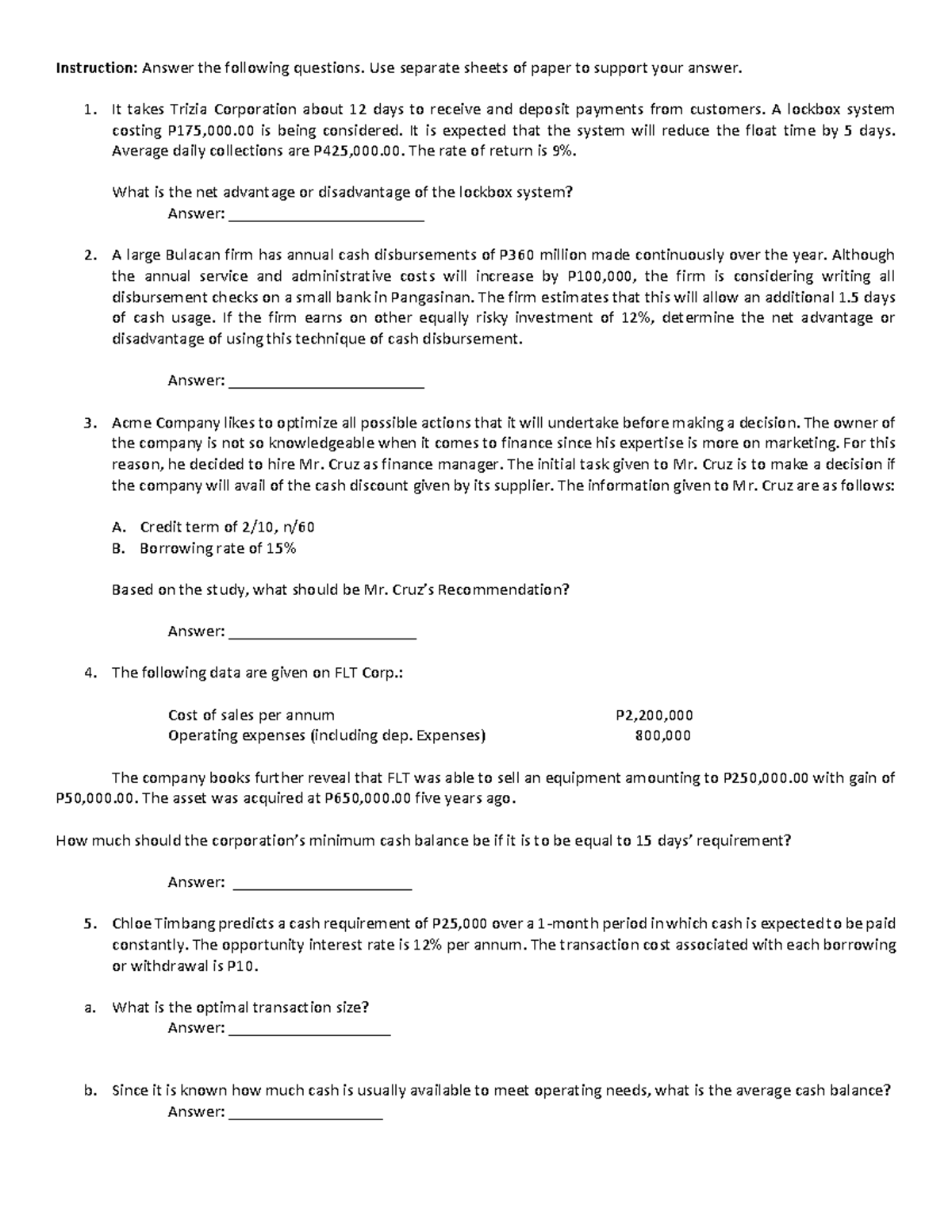 Cash Management - Problems - Instruction: Answer the following ...