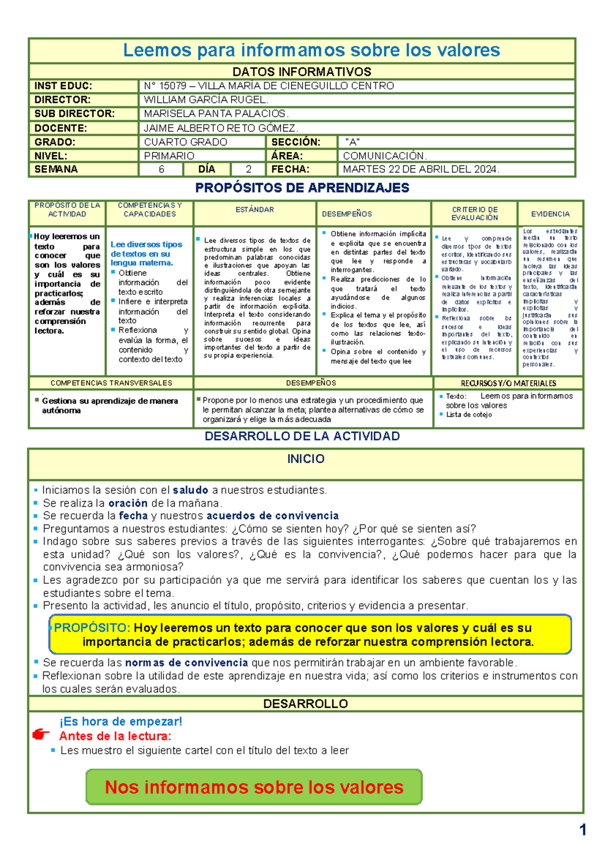 Leemos para Informarnos sobre los Valores - Comunicación 4to Grado ...