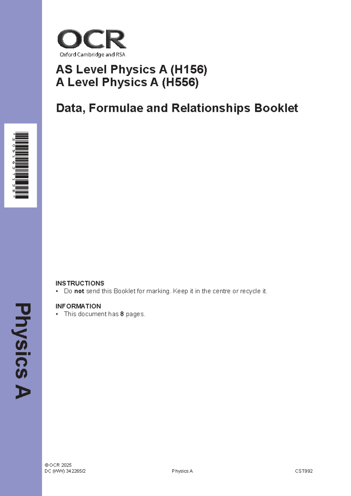 Data, Formulae & Relationships Booklet for AS/A Level Physics A (H156 ...