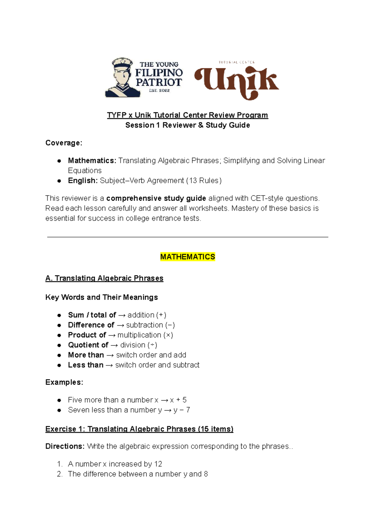 TYFP x Unik Tutorial Center Session 1 Study Guide: Math & English ...