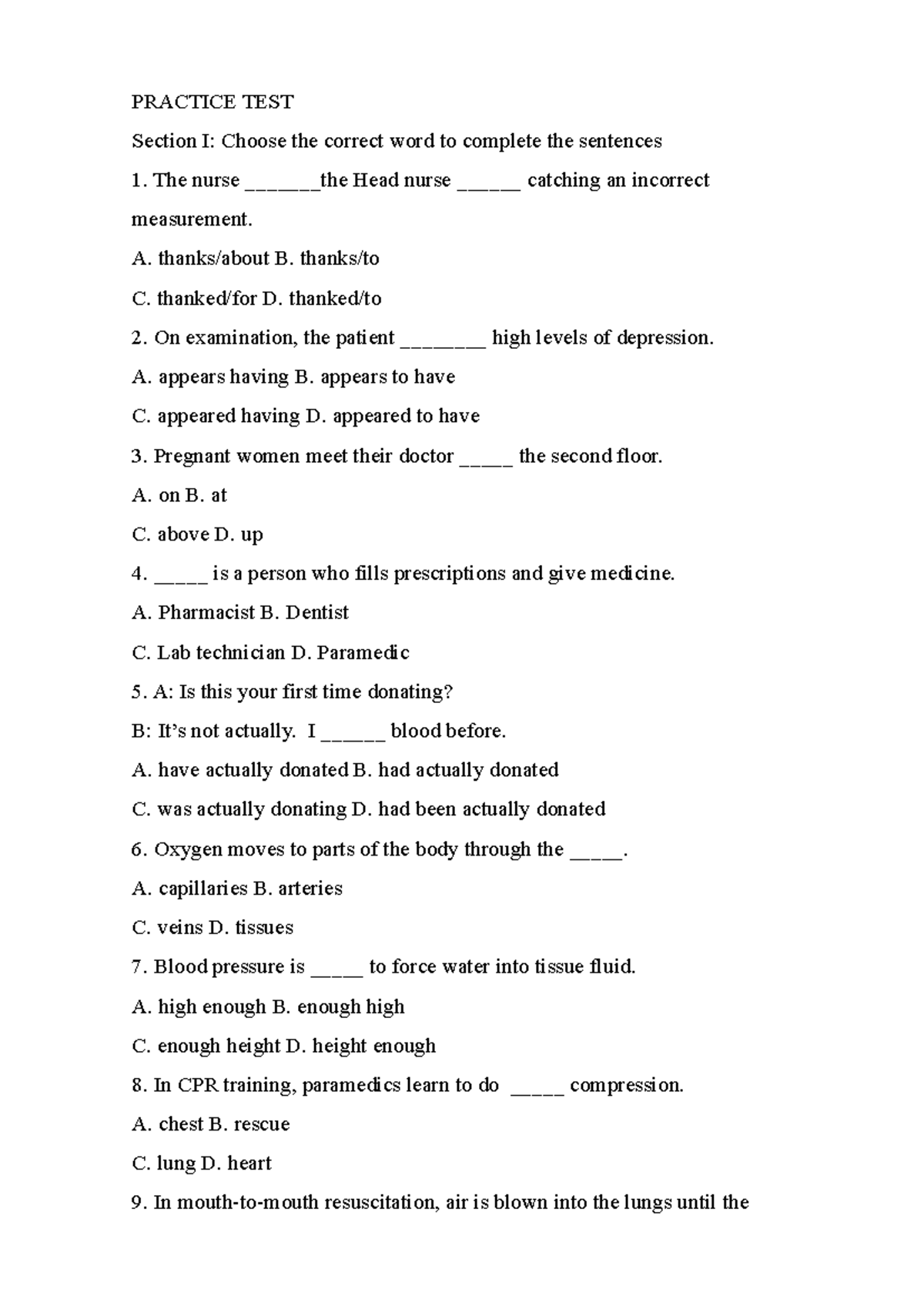 Practice Test: Medical English (MED 101) - Vocabulary & Comprehension - Document Preview
