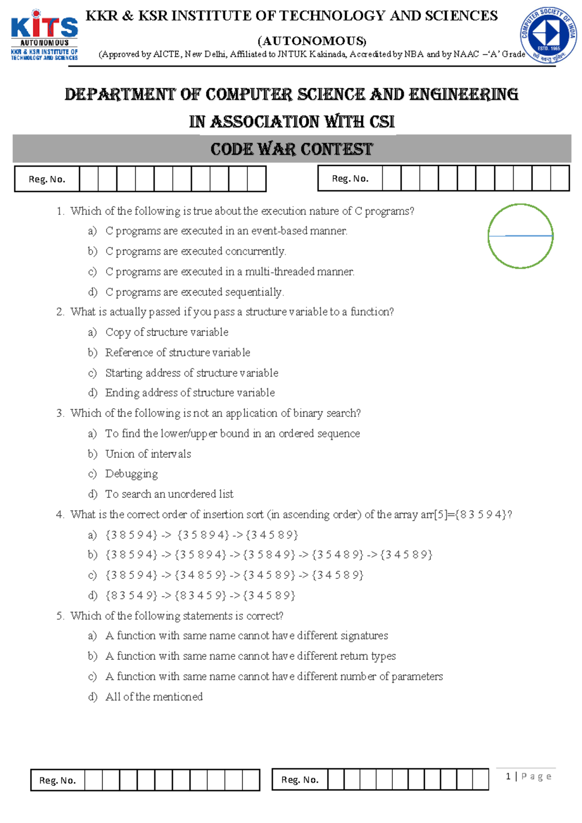 CSE 1-2 - Quiz on C Programming Concepts and Execution - Studocu