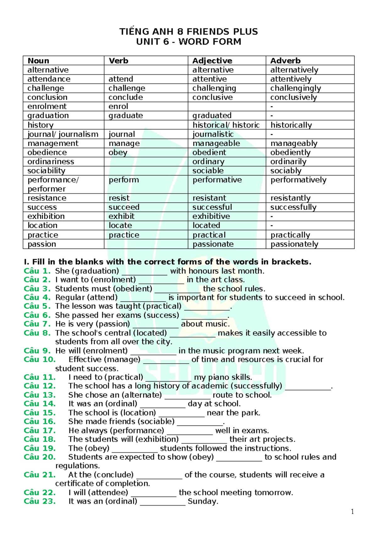 TIẾNG ANH 8 FRIENDS PLUS UNIT 6 WORD FORM EXERCISES - Studocu