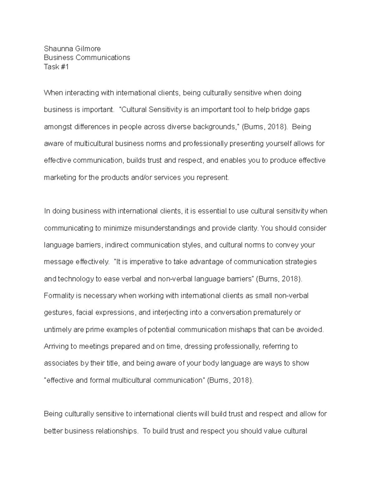 Bus Comm. Task 1 - Cultural Sensitivity in International Business - Studocu