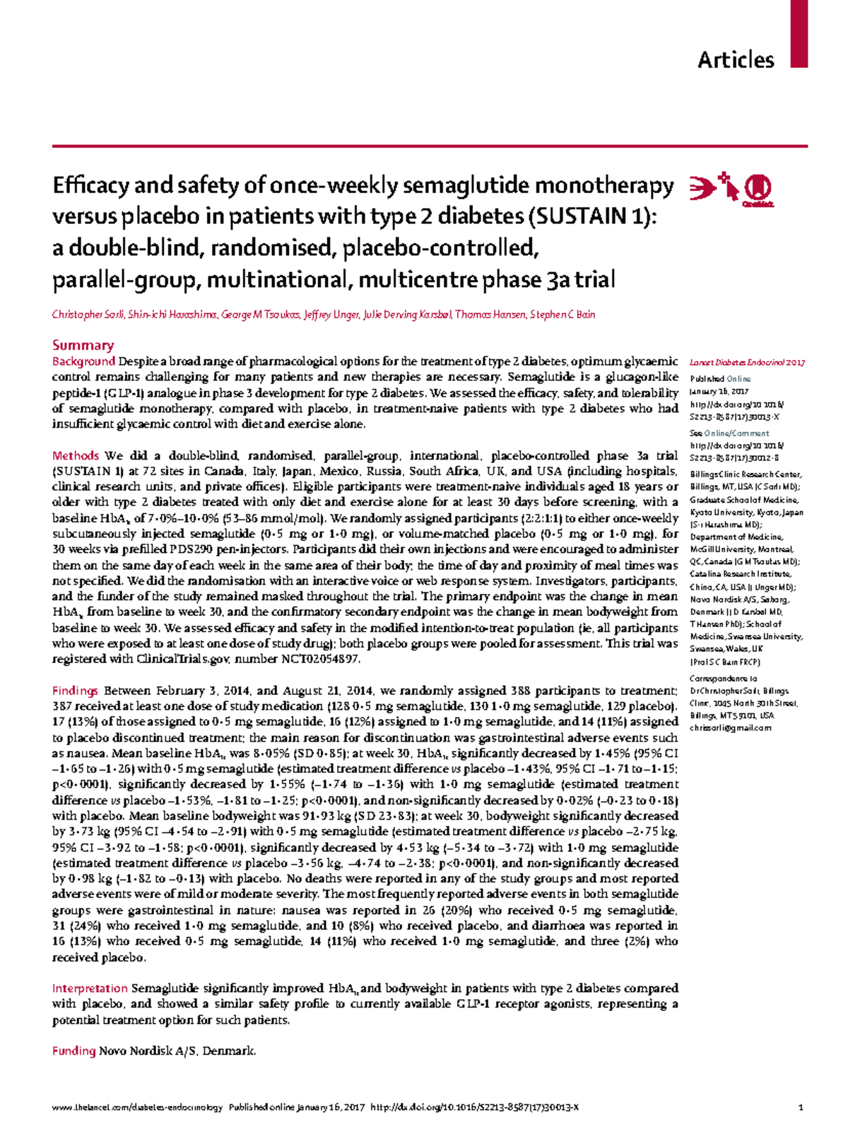 Efficacy and Safety of Semaglutide Monotherapy vs Placebo in T2D ...