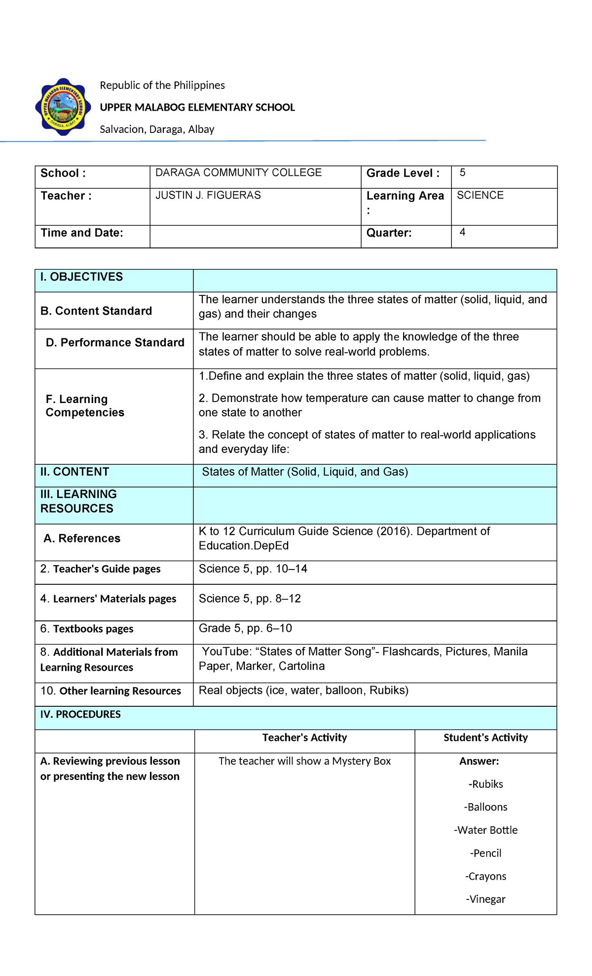Grade 5 Science Lesson Plan: States of Matter (25DLP) - Studocu