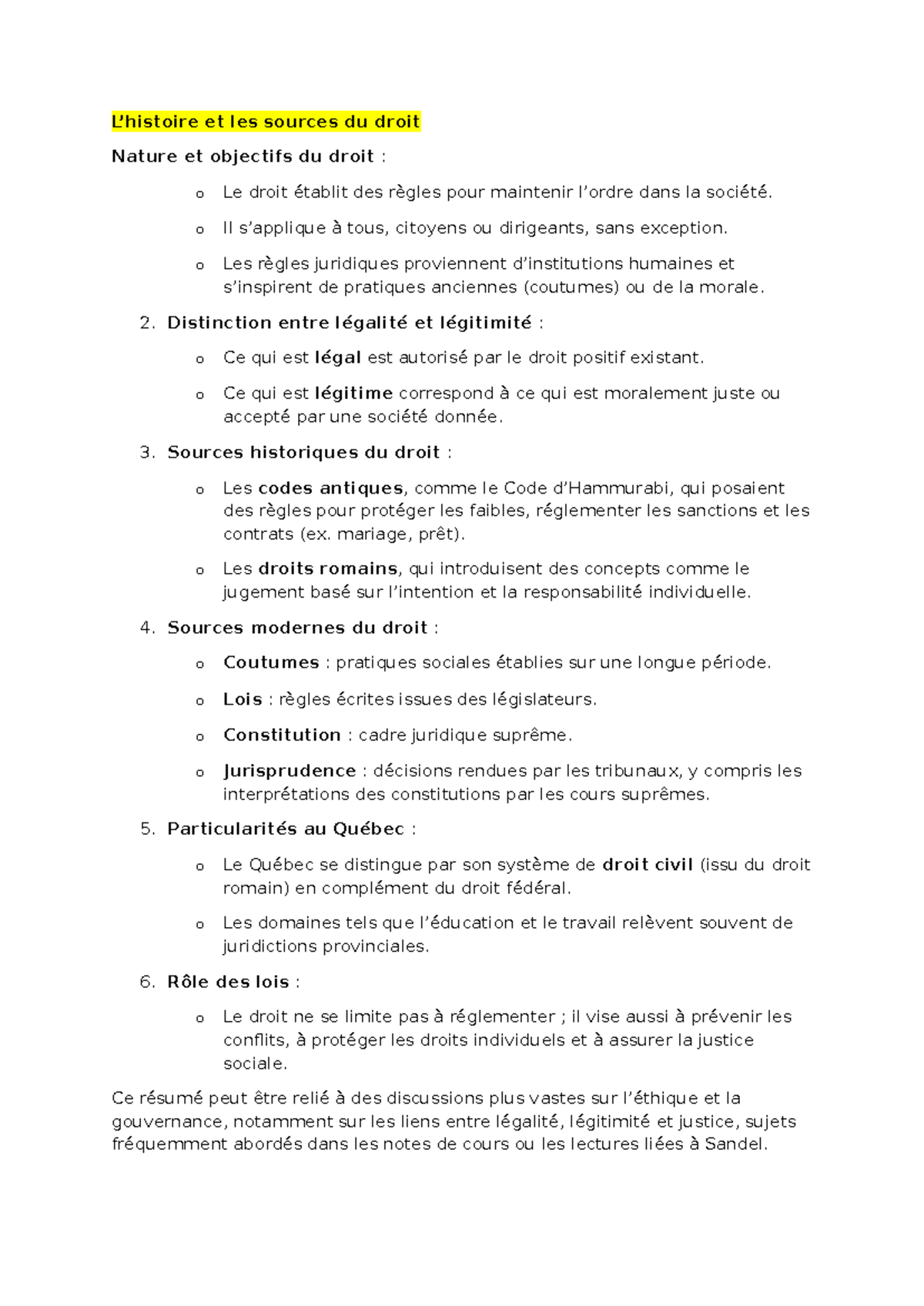 Notion juridique : Nature, objectifs et formes du droit au Québec - Document Preview