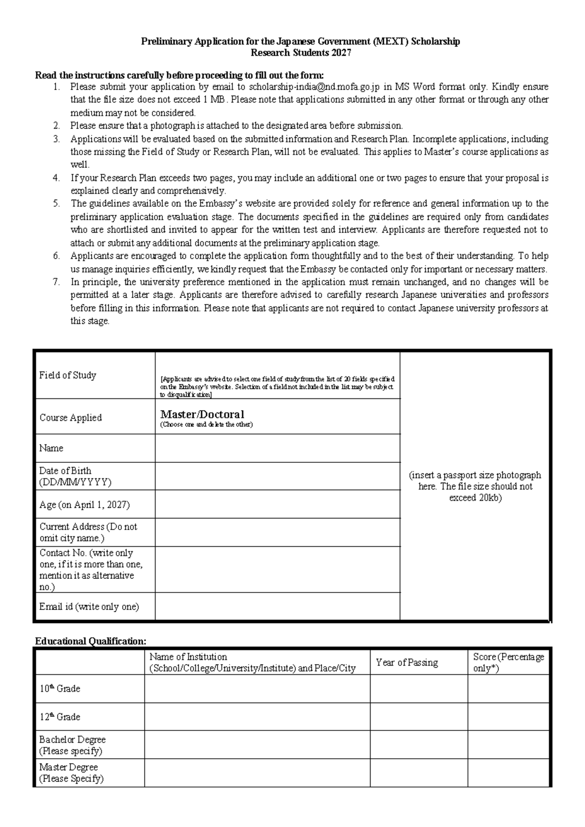 Preliminary Application for MEXT Scholarship Research Students 2027 ...