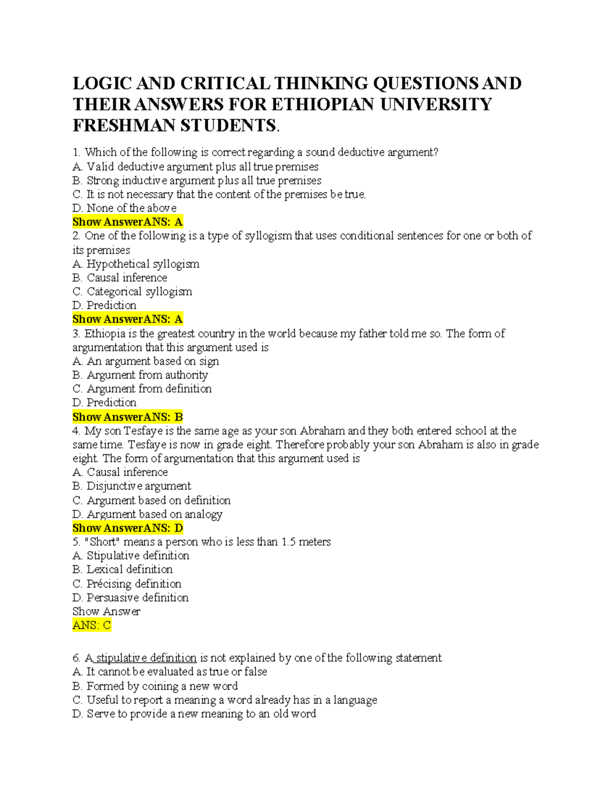 Logic & Critical Thinking Q&A for Ethiopian University Freshman ...