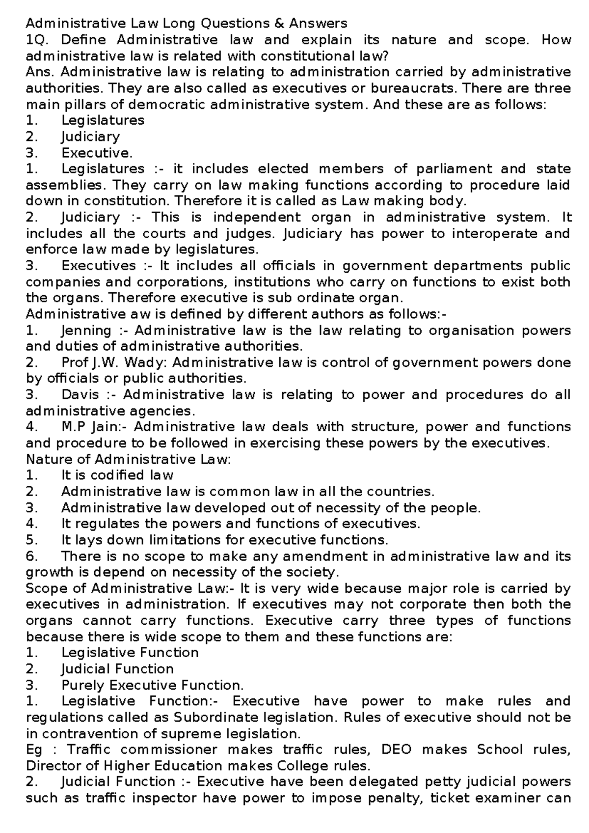 Administrative Law Long Questions & Answers: Nature, Scope, and Key Concepts - Studocu