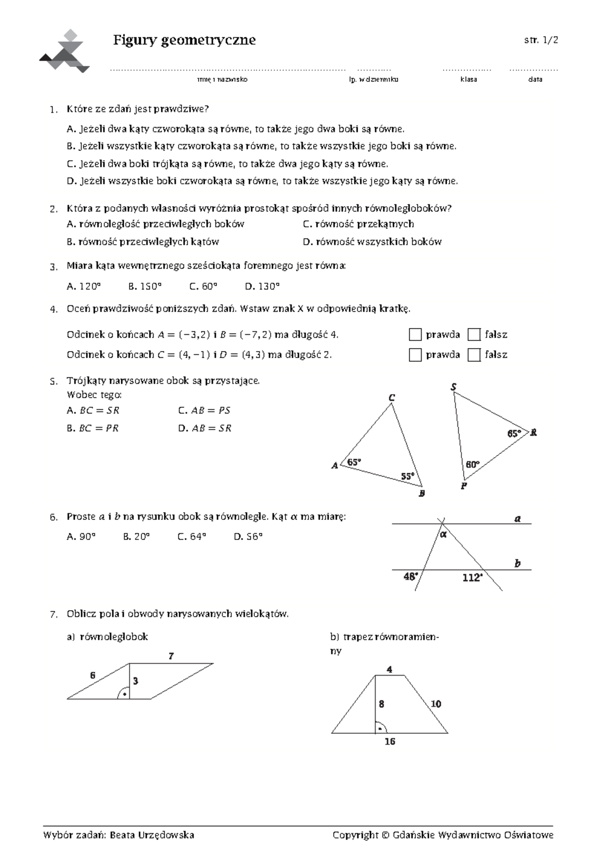 Pola Wielokątów Klasa Sprawdzian 7