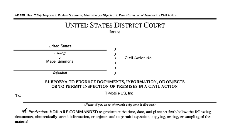 AO 88B Subpoena for Document Production in Civil Action - Studocu
