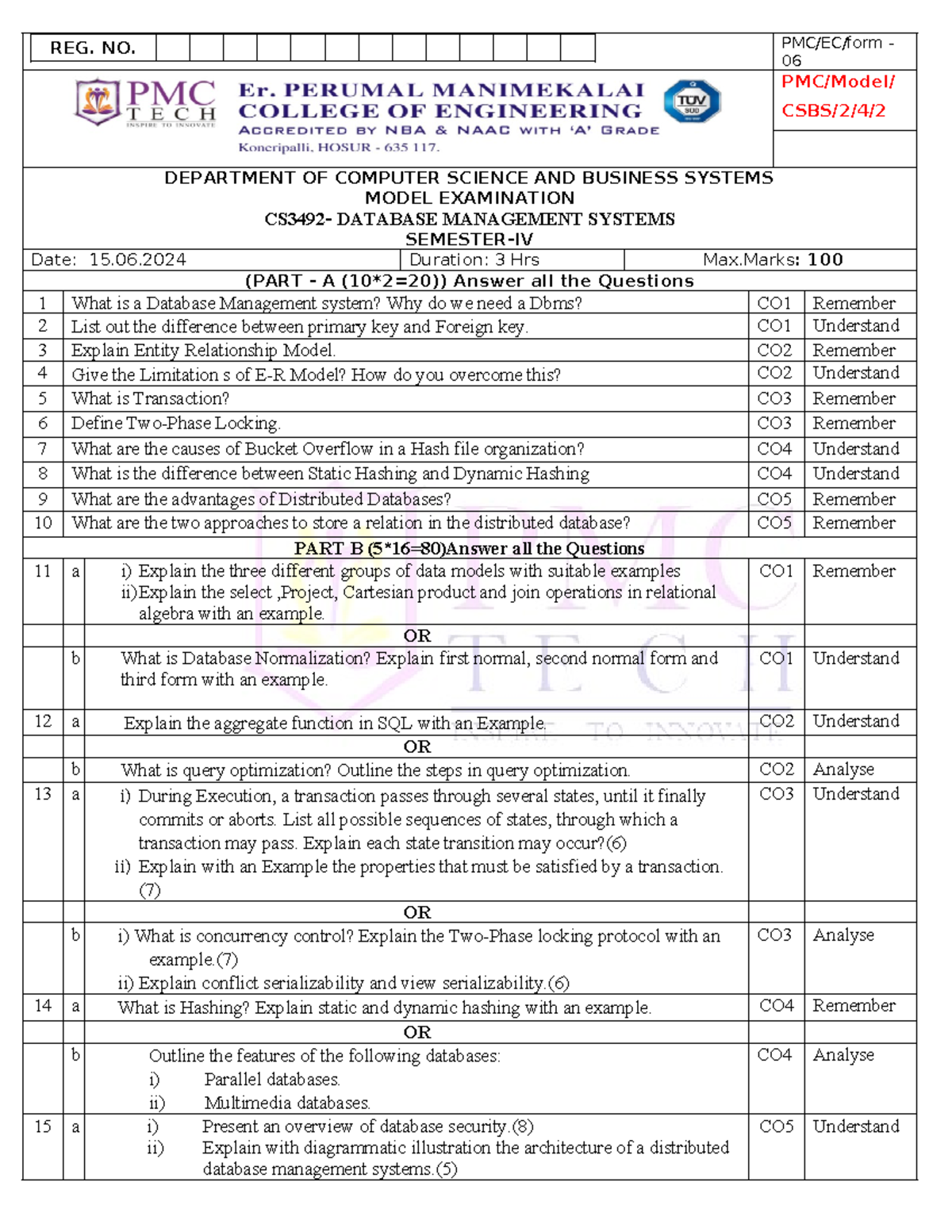 DBMS Model key ans - dbms notes - REG. NO. PMC/EC/form - 06 PMC/Model ...