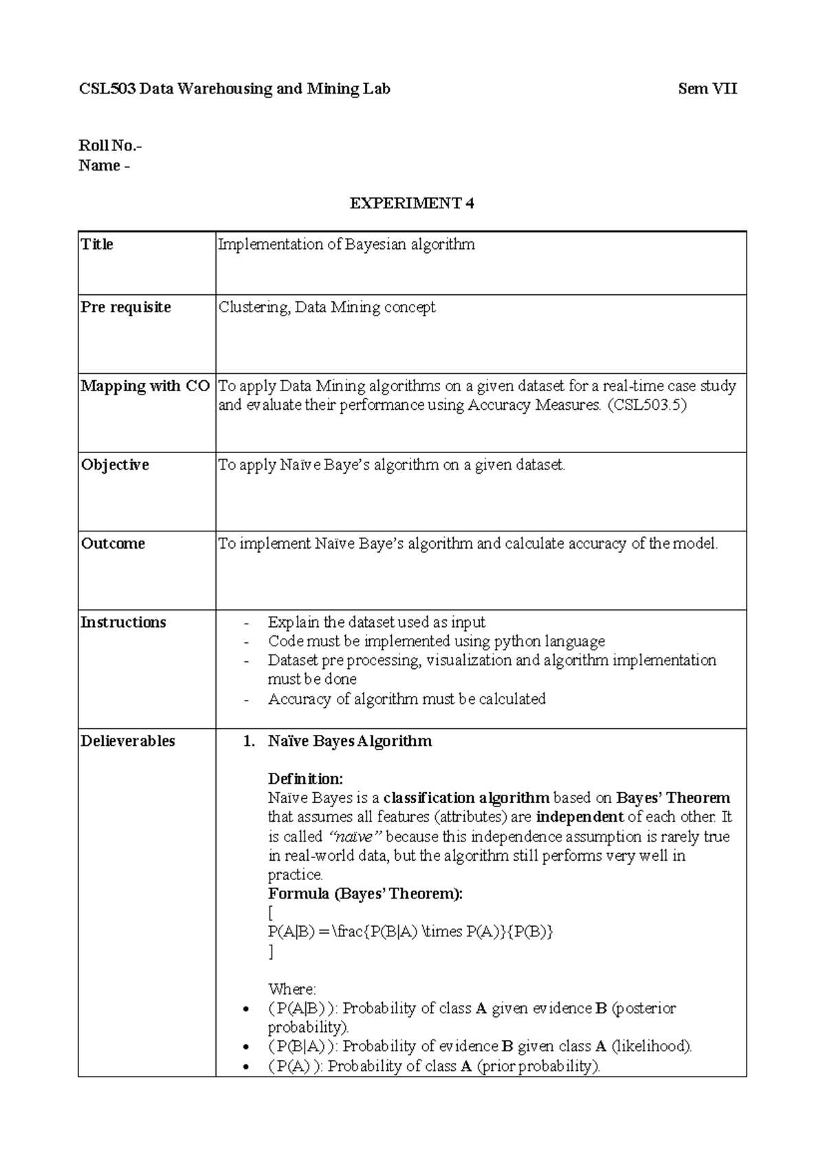 CSL503 Data Warehousing Lab EXP 4: Naïve Bayes Algorithm Implementation ...