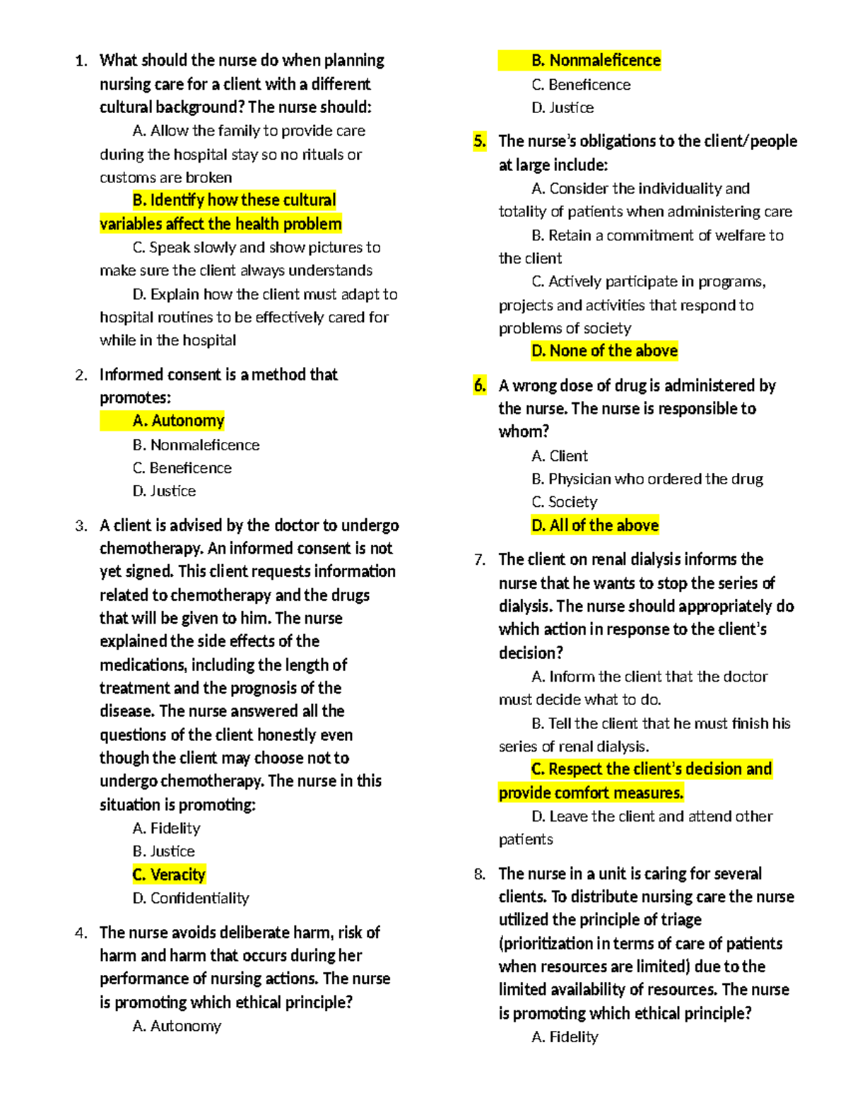 Finals Bioethics Practice Questions: Ethical Principles in Nursing Care ...