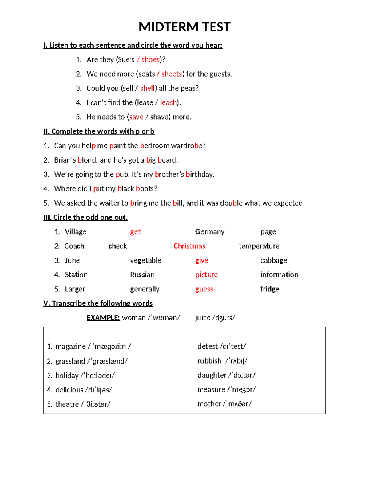 MIDTERM TEST I: Listening Comprehension and Word Completion - Studocu