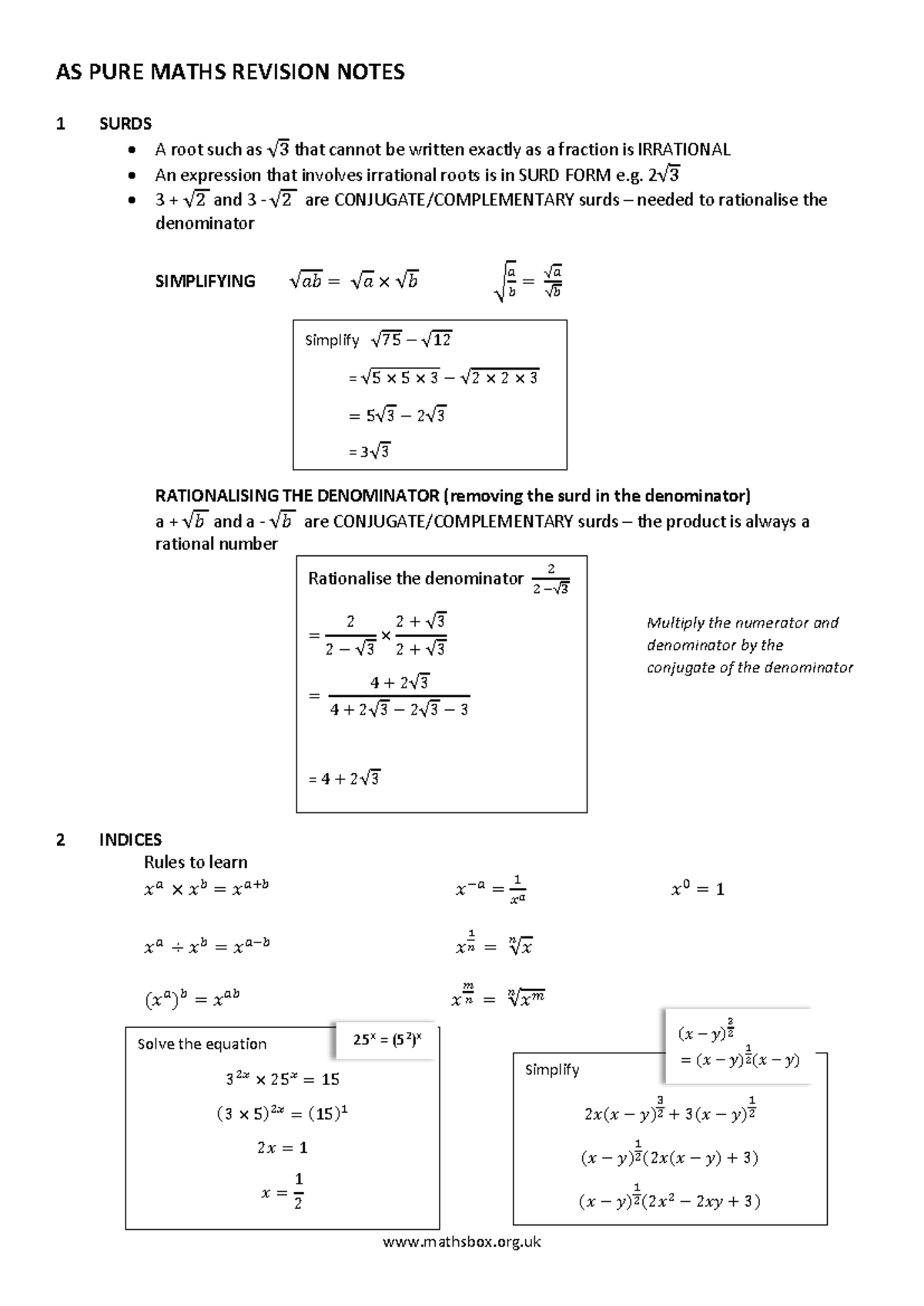 AS PURE MATHS REVISION NOTES 1: SURDS, INDICES, & QUADRATICS - Studocu
