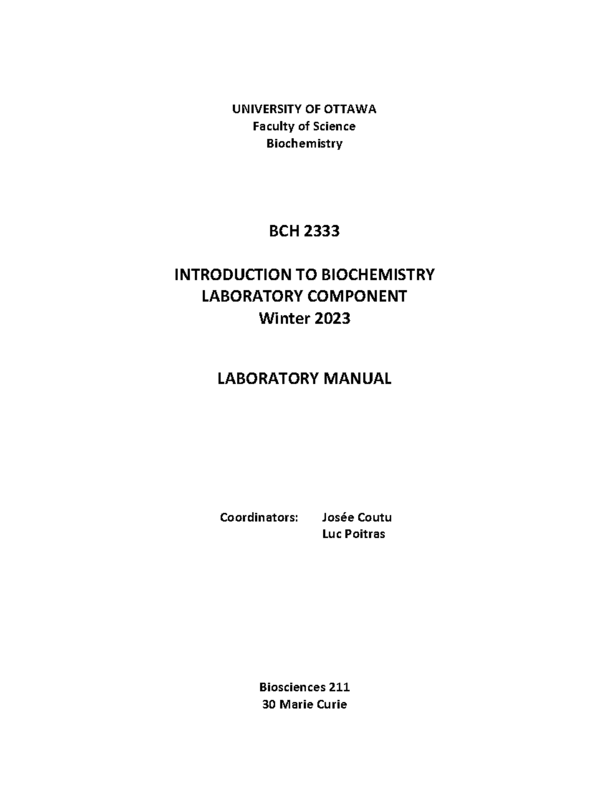 BCH2333 Lab Manual Syllabus Winter 2023: Intro to Biochemistry - Studocu