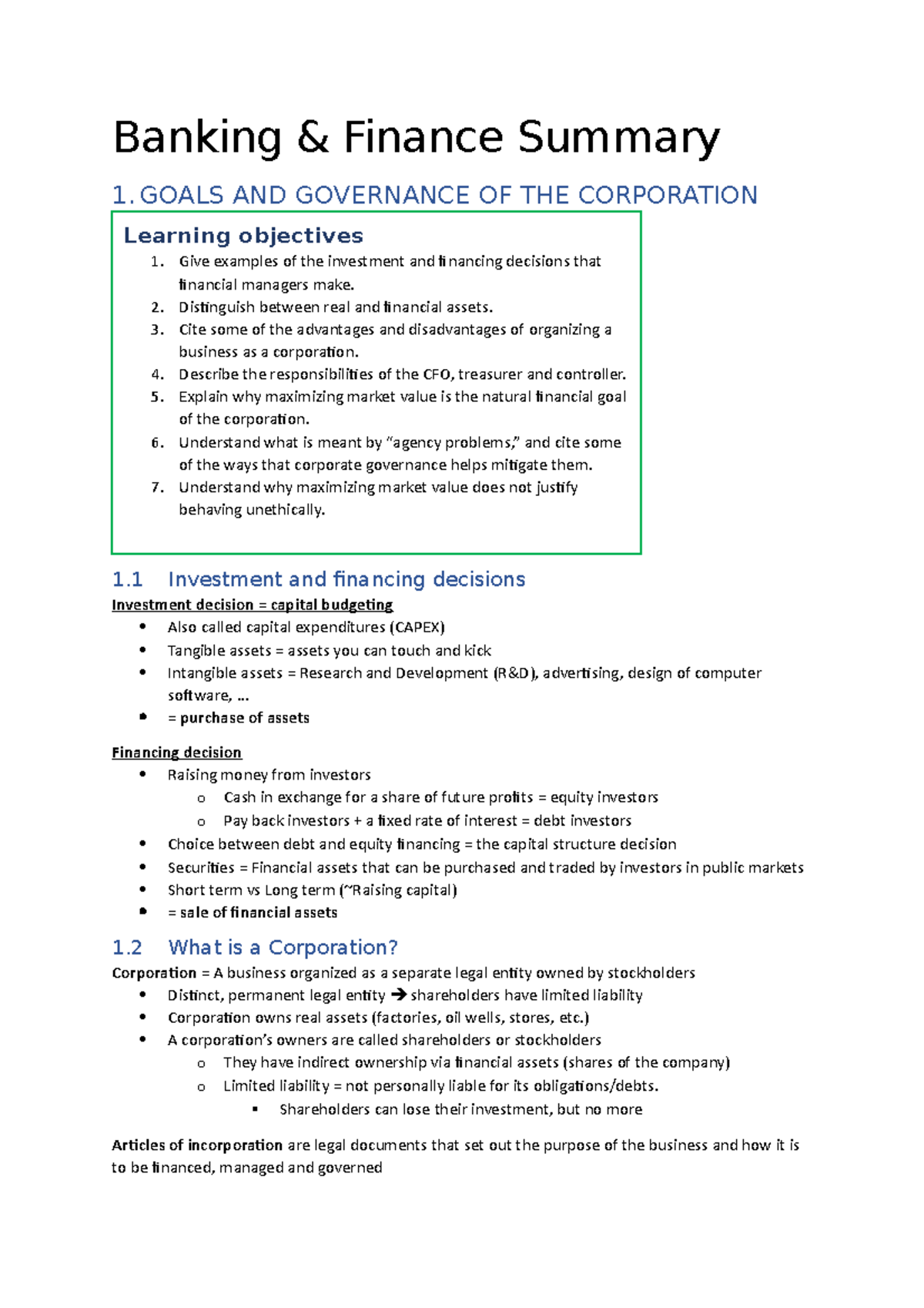 Banking & Finance Samenvatting: Key Concepts and Governance Overview ...