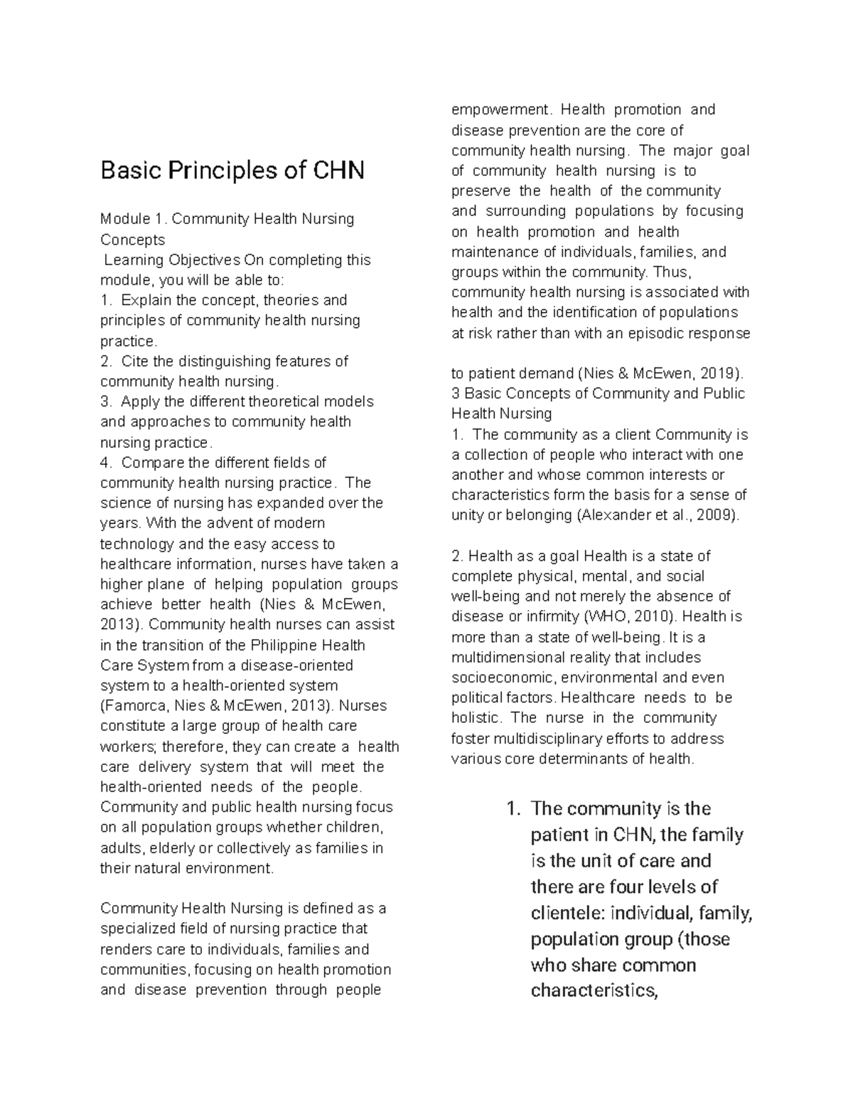 Community Health Nursing Principles and Concepts (CHN Module 1) - Studocu