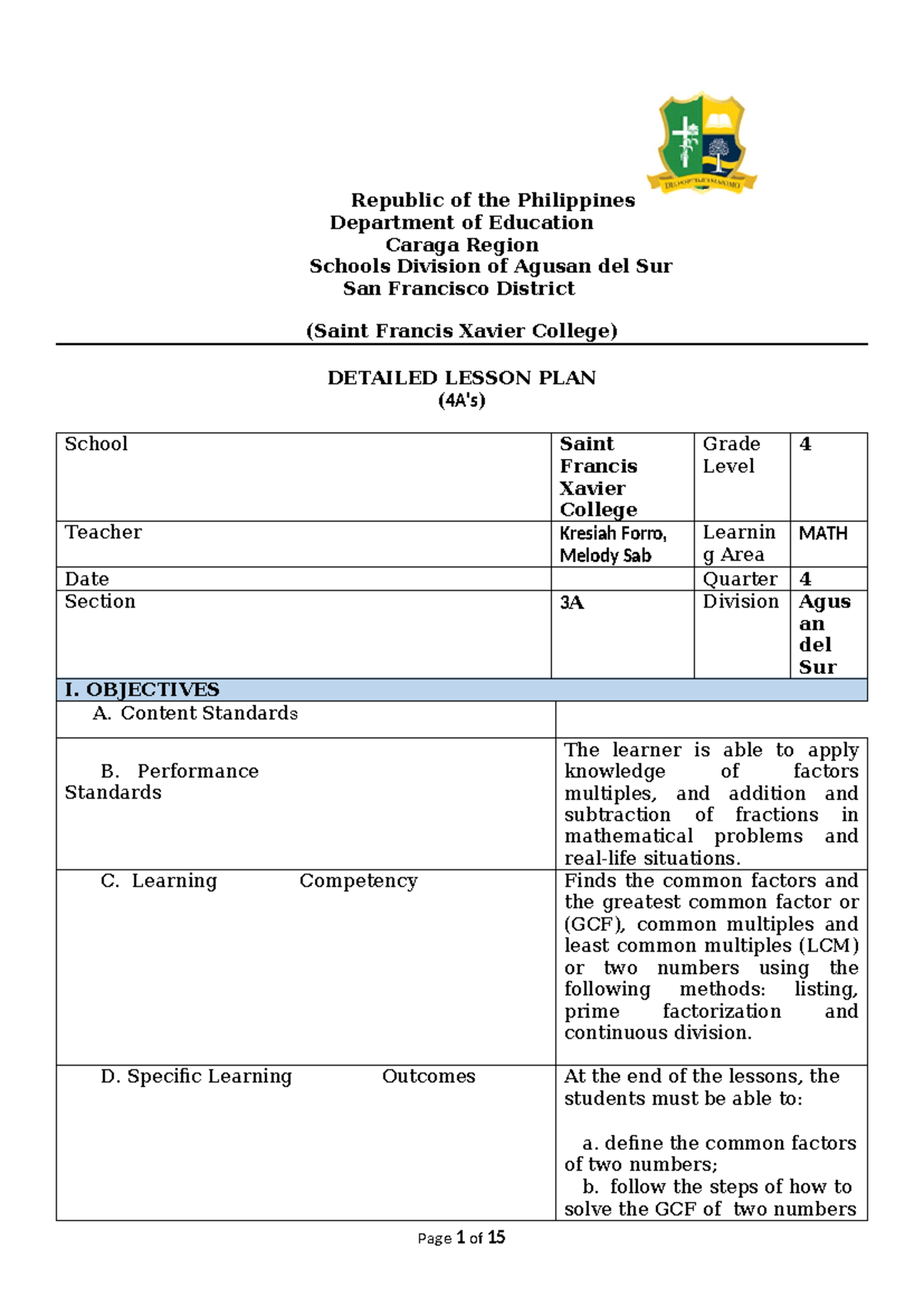 MATH 4 Detailed Lesson Plan: Understanding Greatest Common Factor - Studocu