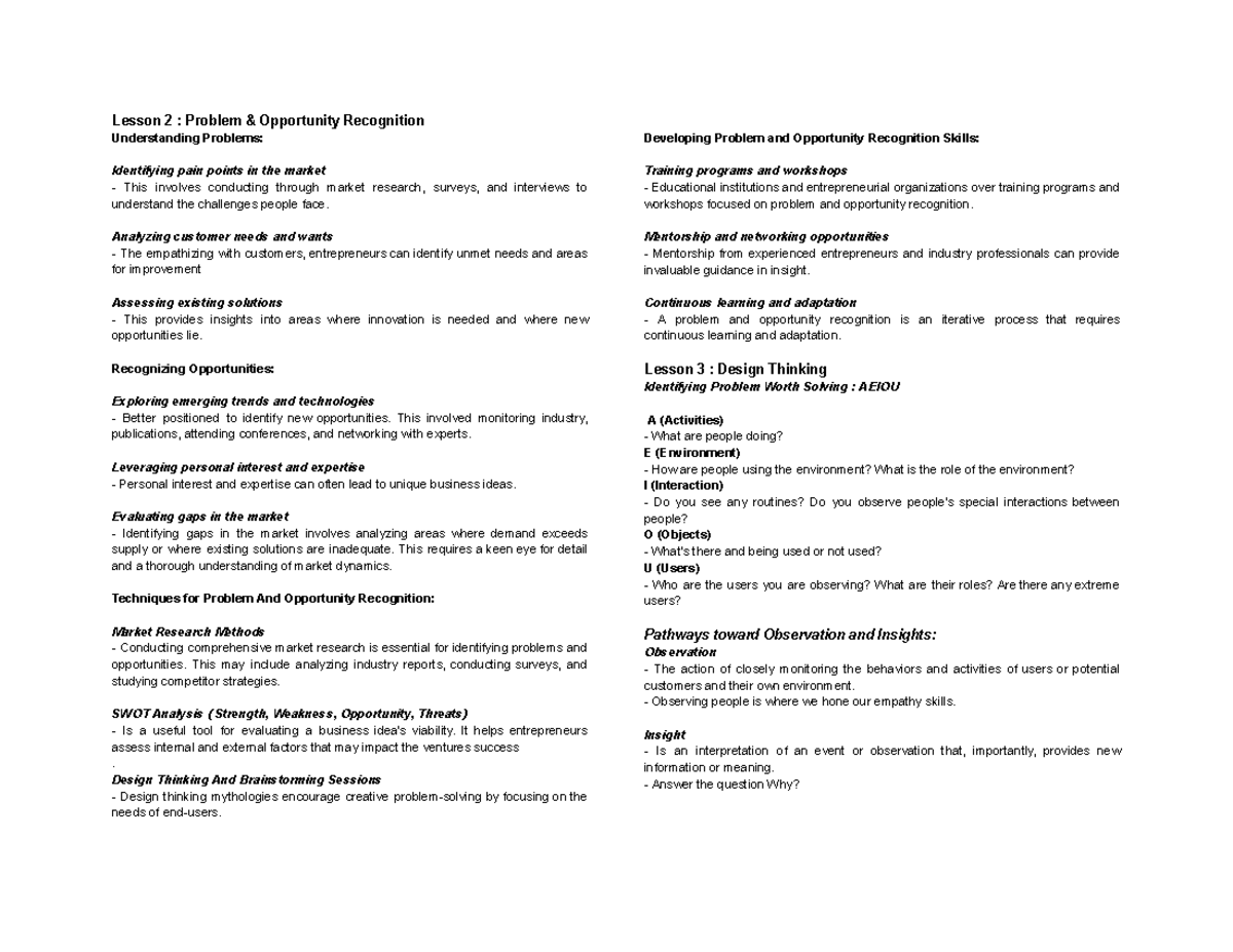Entrep - Lecture Notes: Lessons 2-3 on Problem Opportunity Recognition ...