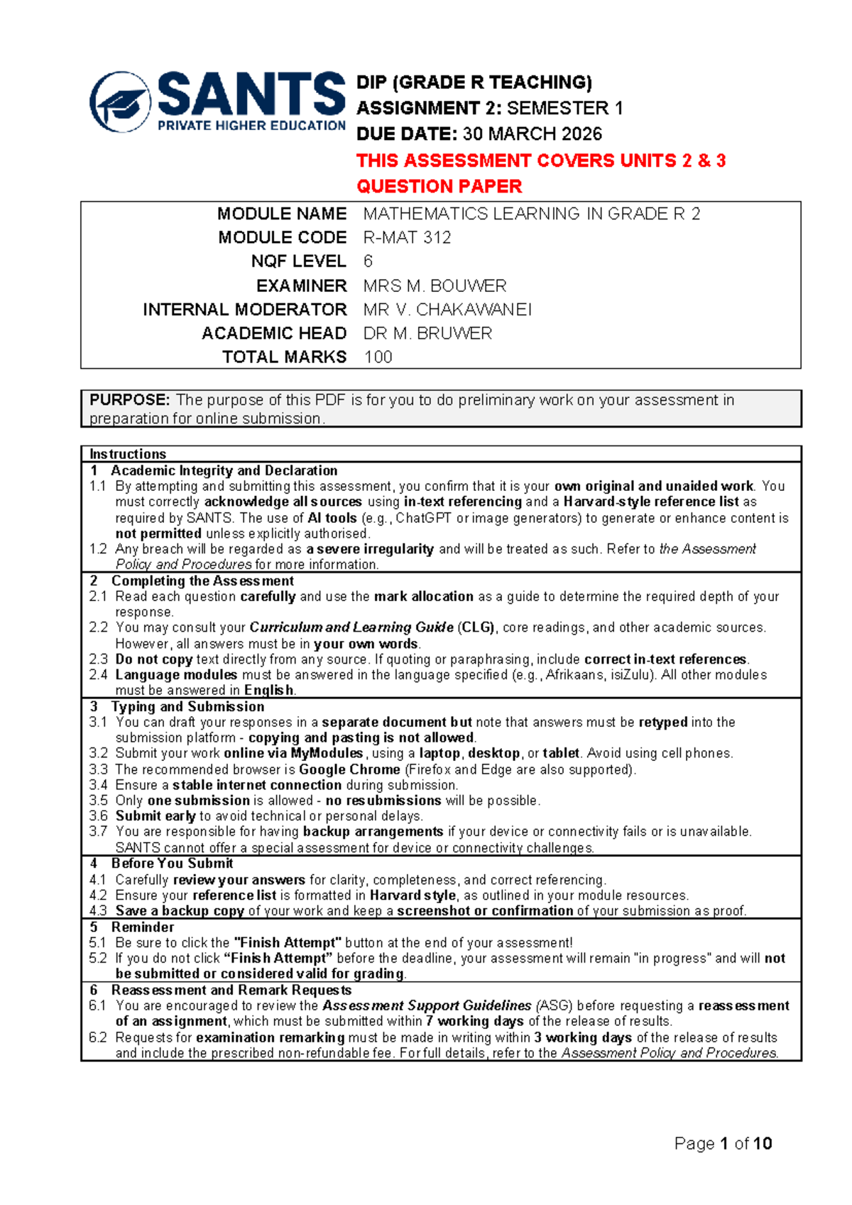 R-MAT 312 2026 S1 Assignment 2 Question Paper on Grade R Mathematics ...