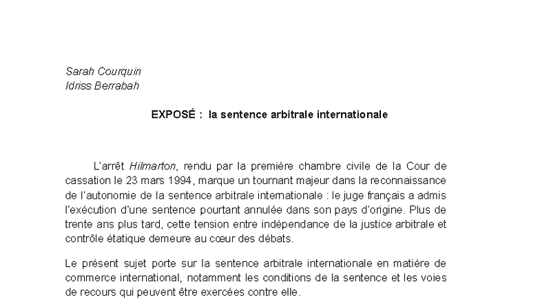 Exposé DCI Séance 5 : La Sentence Arbitrale Internationale et son ...