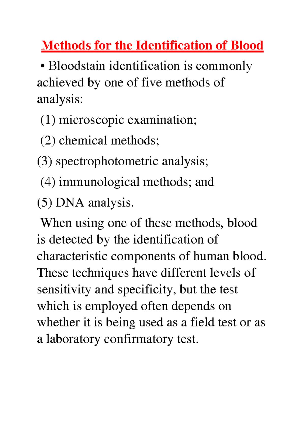 Methods for Blood Identification: Techniques & Analysis - Studocu