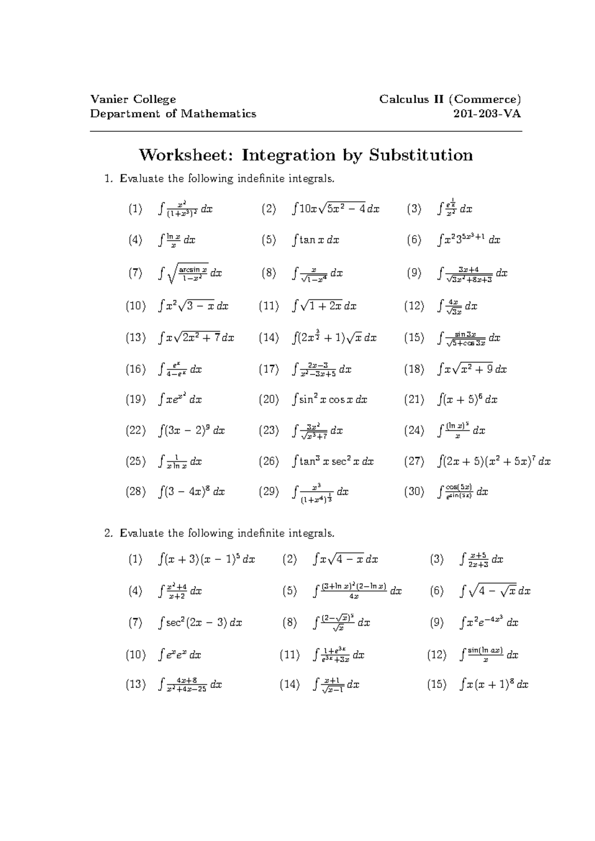 Calculus II (201-203-VA) U-Substitution Worksheet - Studocu