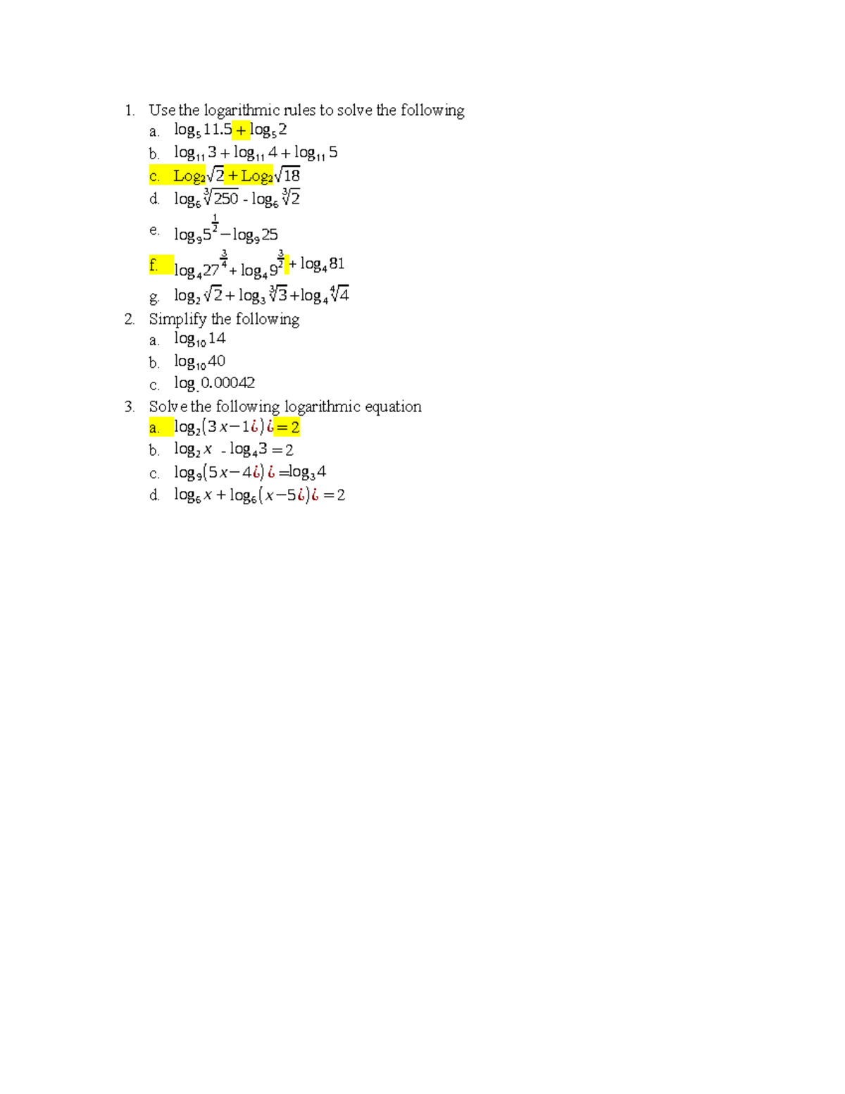 Logarithm Questions and Solutions: Math 101 - Studocu