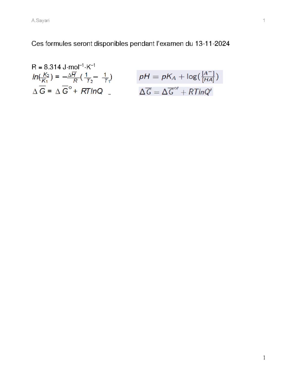 CHM 2532 - Formules donner sur examen - CHM2532 - A 1 1 Ces formules ...
