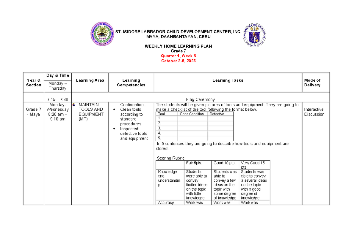Grade 7 Wlp Weekly Home Learning Plan For Quarter 1 Week 6 Studocu