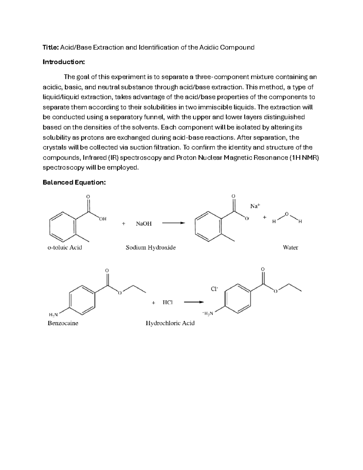 organic chem lab 6 - Title: Acid/Base Extraction and Identification of ...