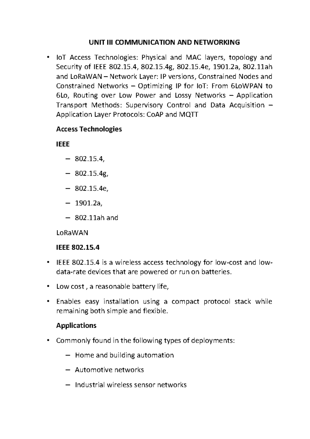 UNIT 3 Final Exam: IoT Access Technologies & Networking Protocols - Studocu