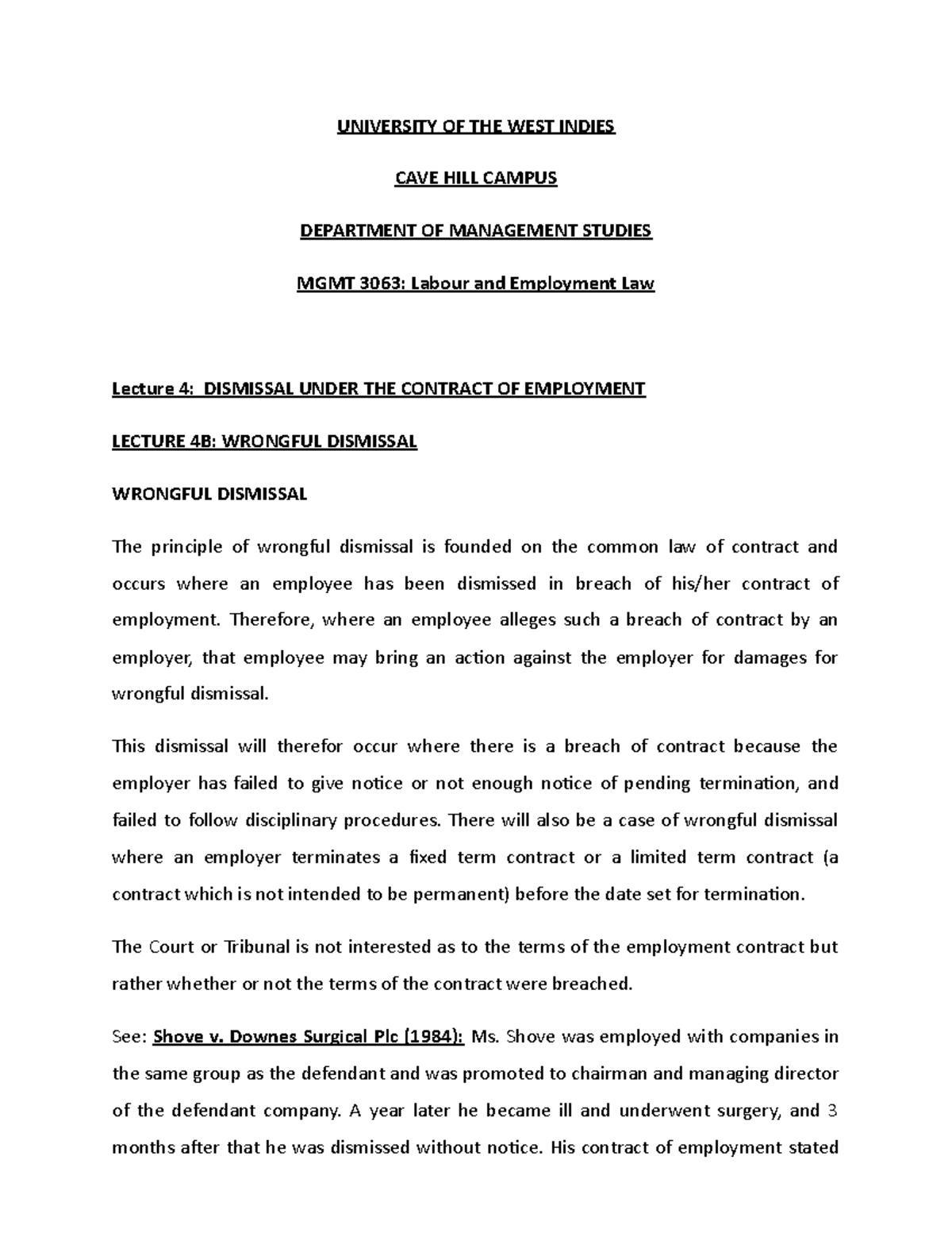 MGMT 3063 Lecture 4B: Understanding Wrongful Dismissal Principles - Studocu