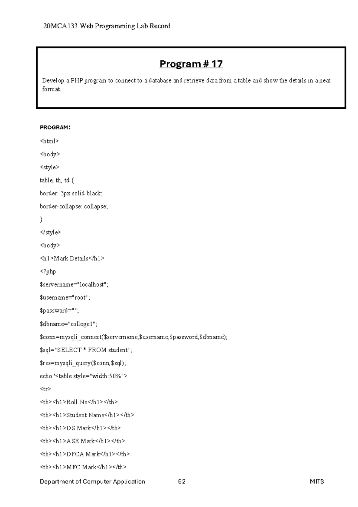 20MCA133 Web Programming Lab Record: PHP & MySQL Applications - Studocu