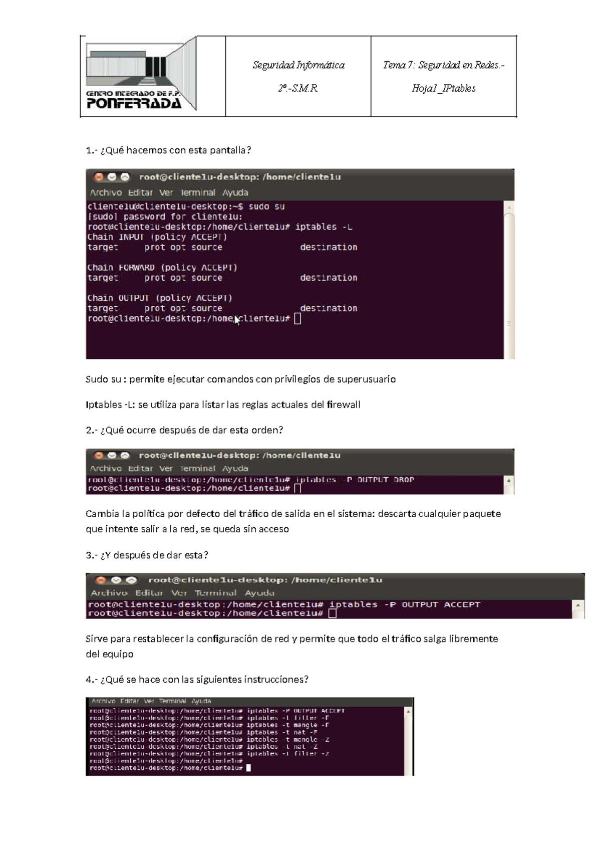Seguridad Informática - Tema 7: Ejercicios sobre Iptables - Studocu