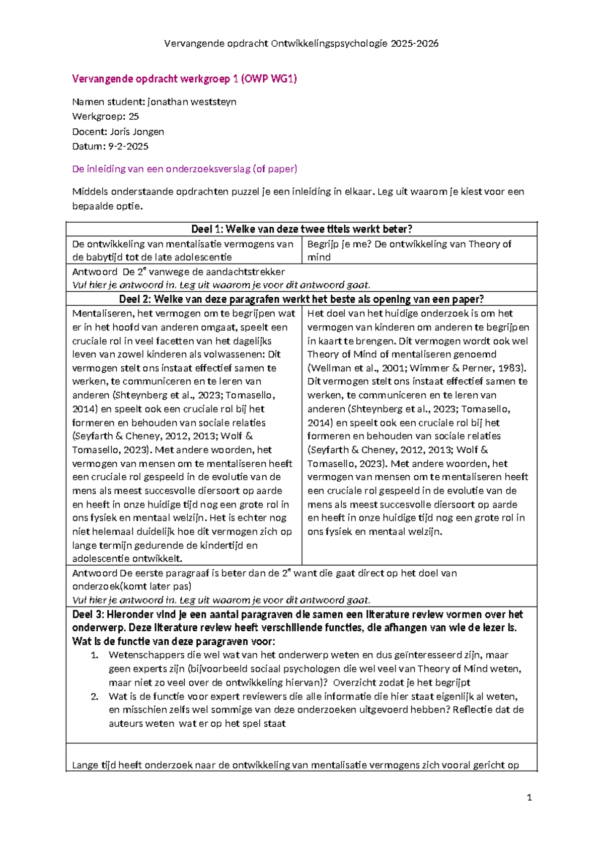 Vervangende Opdracht Ontwikkelingspsychologie OWP WG1 - Inleiding ...