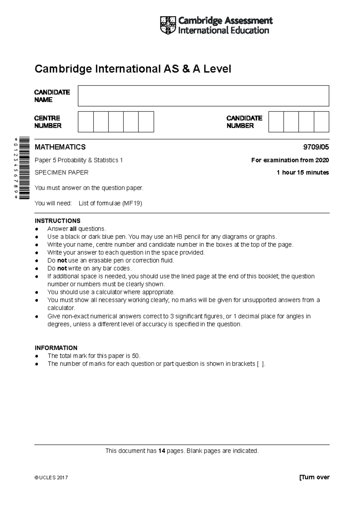 Cambridge International AS A Level 2020 Paper 5 Probability Statistics ...