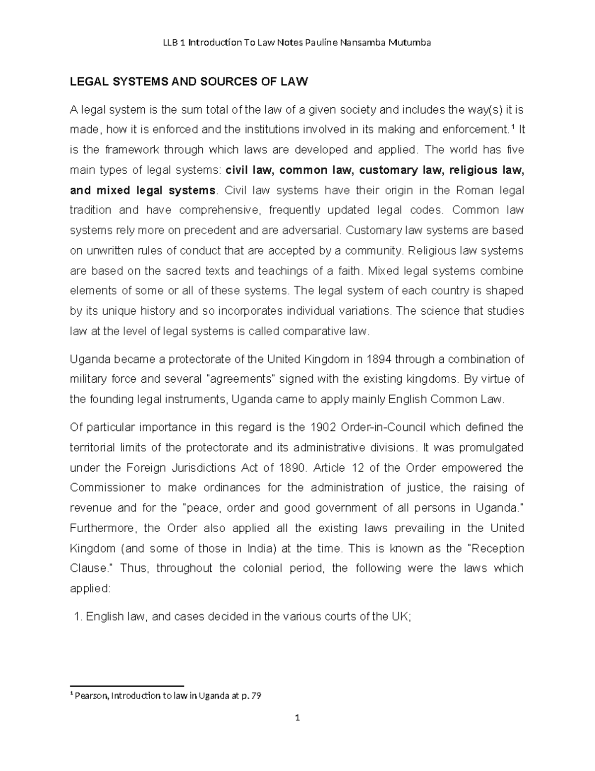 LLB 1 Final Exam Notes: Legal Systems and Sources of Law - Studocu