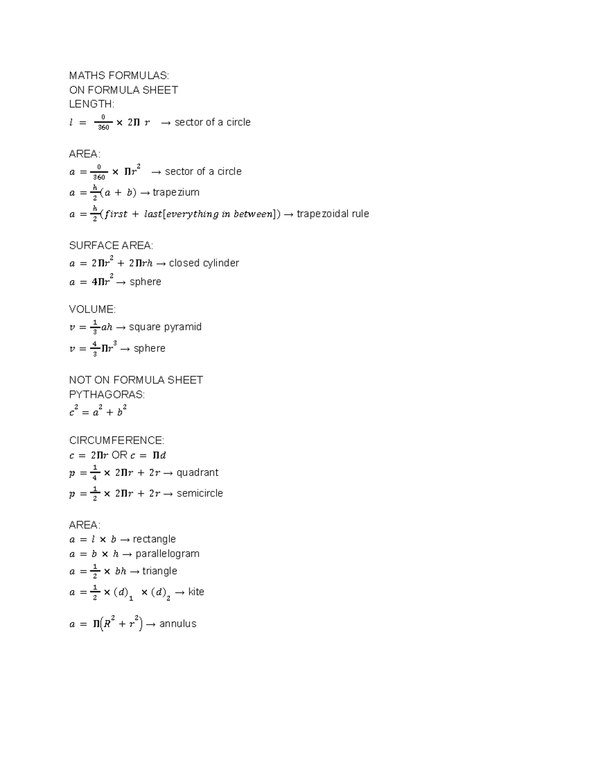 MATHS STD 2 PRELIM FORMULA SHEET - Essential Formulas and Concepts ...