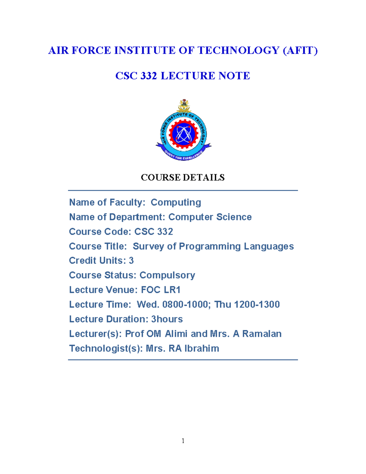 CSC 332 Lecture Notes: Survey of Programming Languages (2024-2025 ...