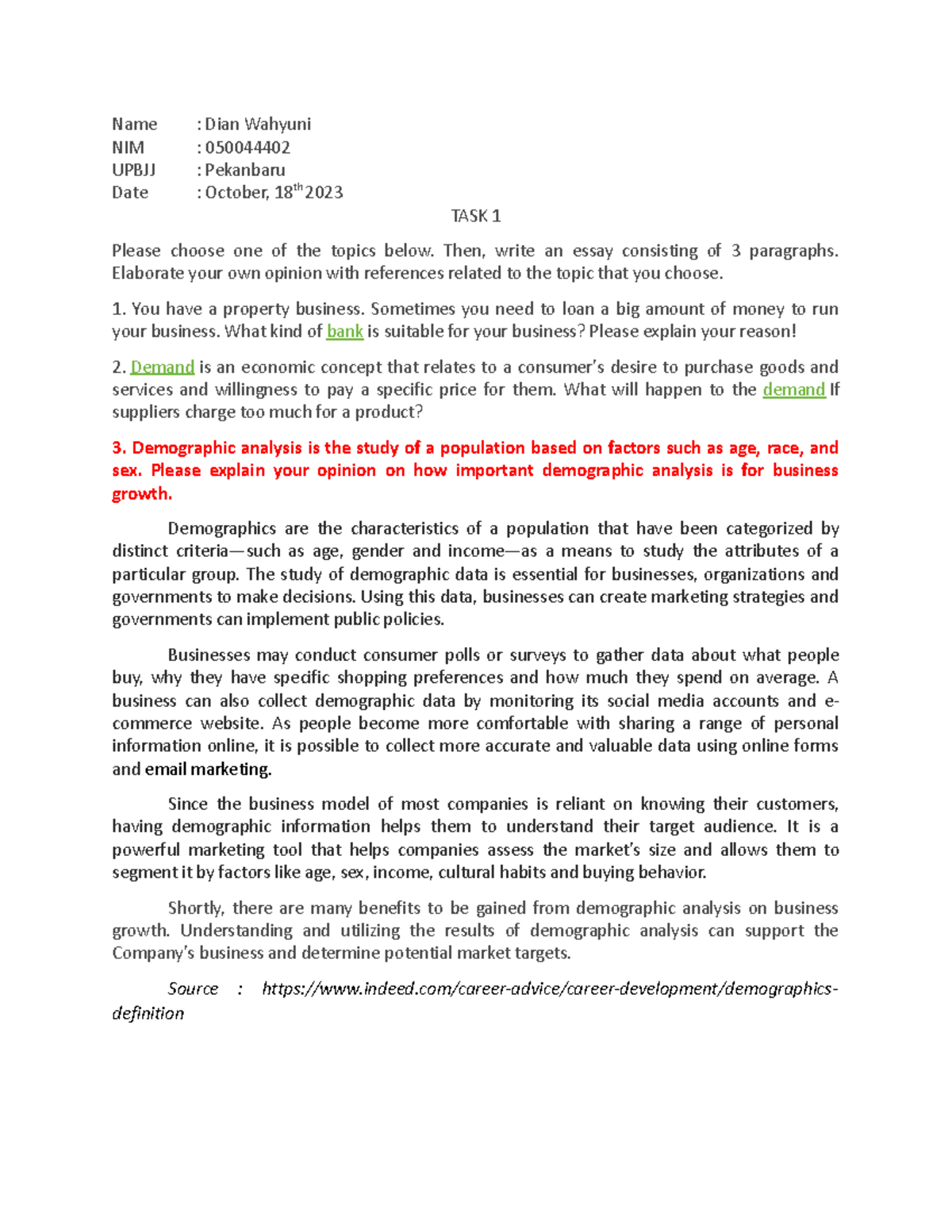 Tugas 1: Essay on Demographic Analysis in Business Growth - Bahasa ...